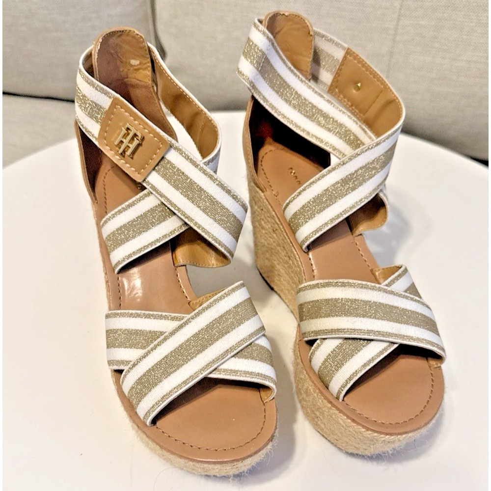 Tommy Hilfiger Shoes Womens 6 Espadrille Sandals Platform Metallic Gold Ivory